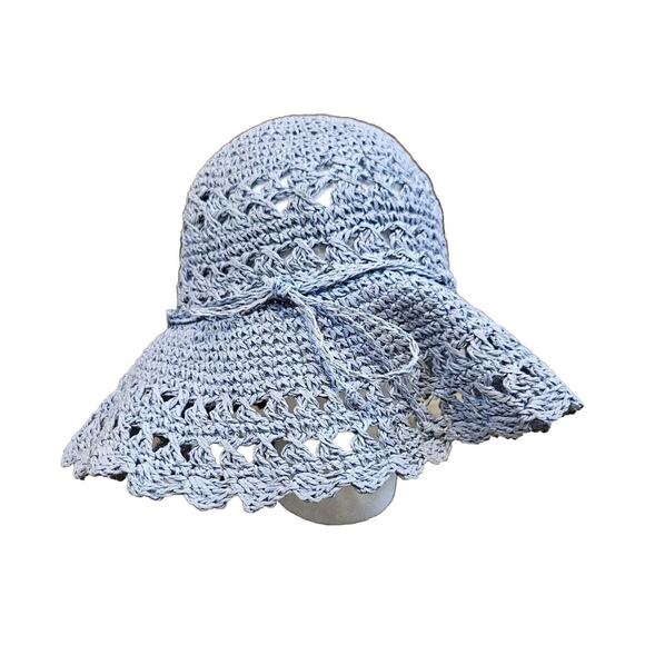 Vtg Straw Crochet Floppy Sun Hat Purple Blue Beachy Boho Cottage Cruise Vacation - Picture 1 of 8